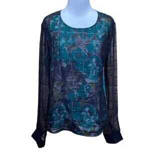 Tulle Flower Floral Overlay Sheer Blouse Large